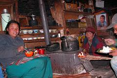 
The campsite was already occupied by a Spanish group, so we stayed at the Maili Manaslu Hotel, Shyala, Gorkha. The lodge is being run by a mother and her daughter. The girl laughs liberally while mom sits silent, but smiling. I ate my dinner of rice and vegetable curry (hey, this isn't daal baht, is it), I watched as the girl cut mini-potatoes and fried them in a cast iron type pan on a small wood stove. I told her that potatoes were my favourite. She offered me a bowl, which I gratefully accepted. They were fantastic, though a bit spicy.
